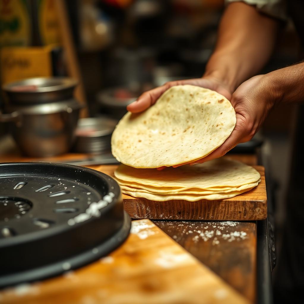 Cuoco messicano del Tropico Latino di Sesto San Giovanni mentre stende tortillas di mais a mano sulla comal
