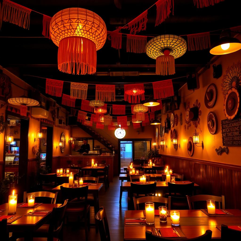 Sala interna del ristorante messicano Tropico Latino di Sesto San Giovanni con papel picado, sombreros e tavoli con candele