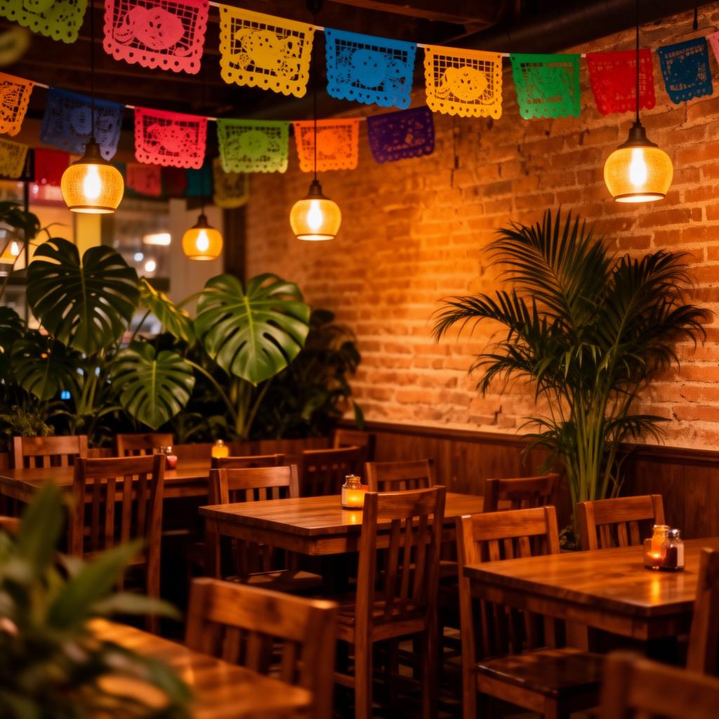 Sala interna del ristorante messicano Tropico Latino a Sesto San Giovanni con papel picado e luci calde